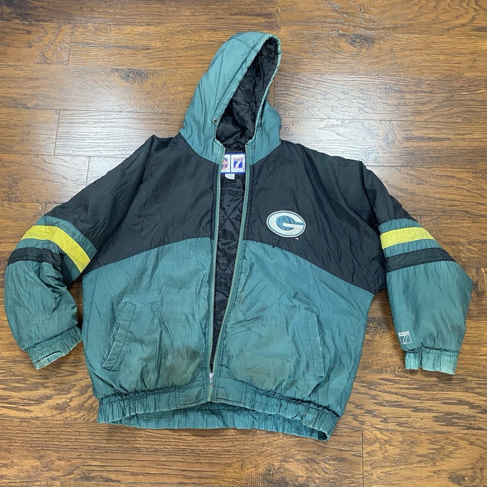 Vintage 90s Logo 7 Green Bay Packers Puffer Jacket Hooded Thrash Mens Large L